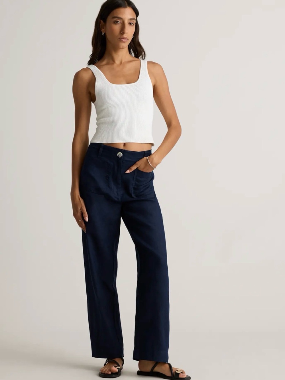 Quince Navy European linen patch pocket Wide-Leg Linen Pants